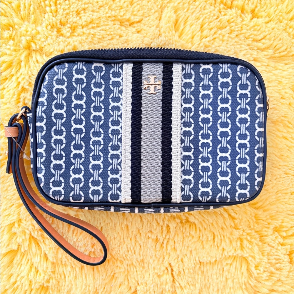 Tory Burch Black (not blue) and Cream Toiletry Pouch with Logo Stripe.